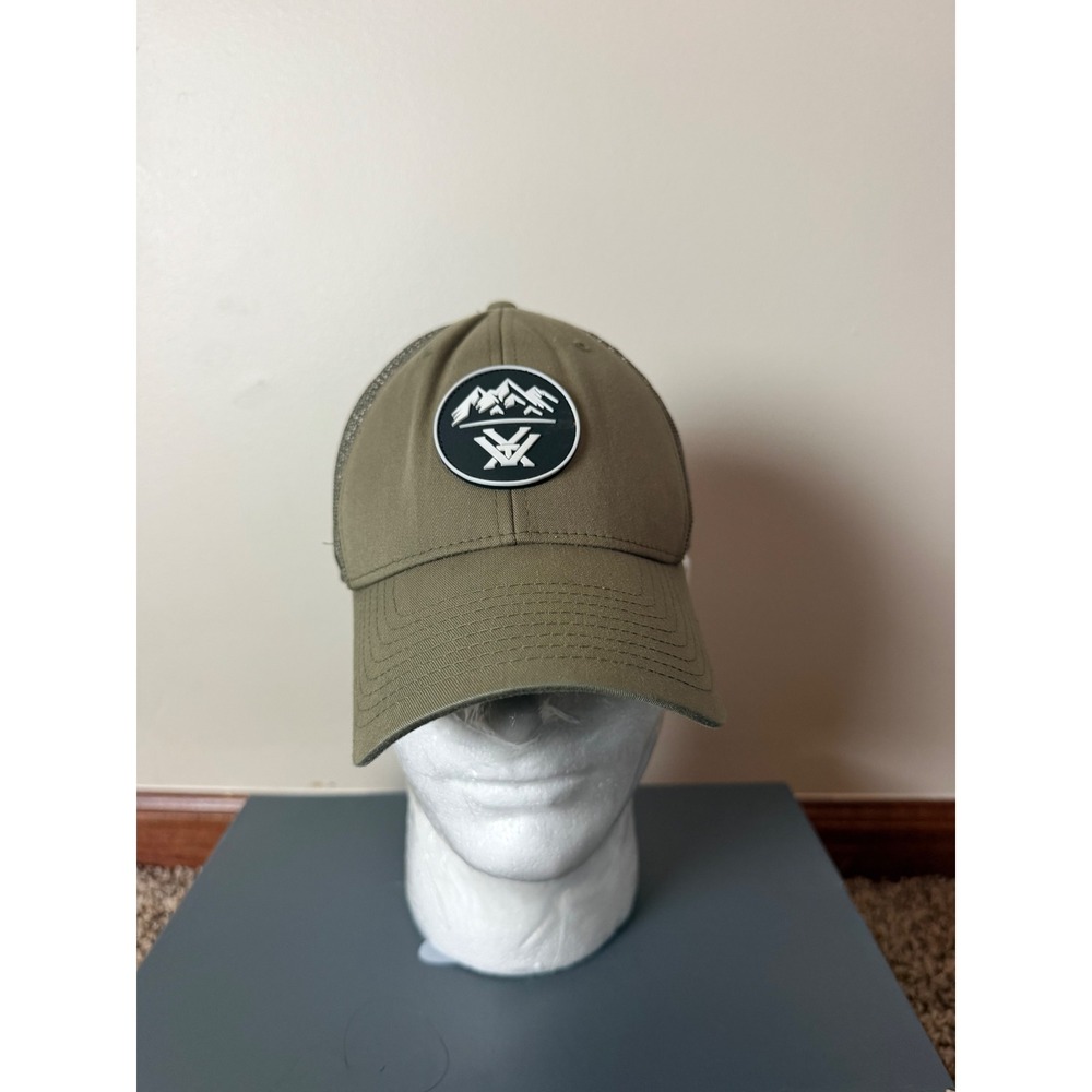 Vortex Optics Trucker Hat Olive Green Mountain Logo Patch Snapback Mesh Cap